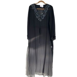 Romans swim coverup black sheer with sequin trim‎ side slit tie waist Large